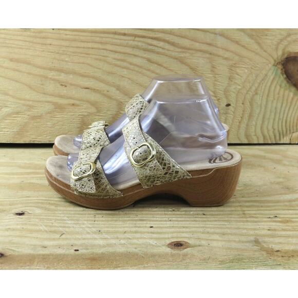 Dansko Womens Sandals 10 Sophie Metallic Gold Snake Print Leather 2 Buckle Shoes - Picture 1 of 8
